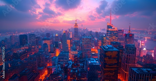view of new york city skyline at sunset. views from the top of world trade center panorama of the city