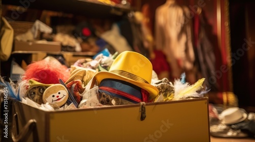 Closeup of a prop box overflowing with various objects and costumes, waiting to be incorporated into the immersive theater performance.