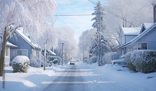 snowy street in a suburban residential area - holiday promotion ads assets