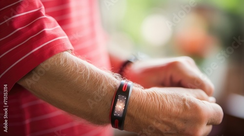 Macro closeup of an elderly persons wrist with a fitness tracker bracelet, linked to a health monitoring app.