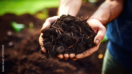 Closeup of a handful of rich, dark compost from a home composting system.