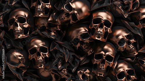 Background of many metal skulls. Neural network AI generated art