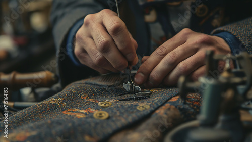 Close up shot of experienced tailor is sewing custom handmade high quality apparel in ancient luxury traditional tailoring workshop