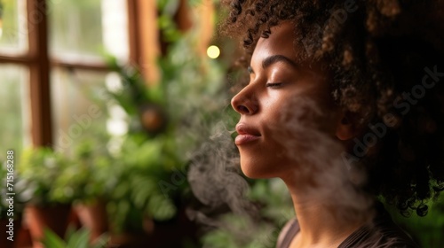 A person practicing deep breathing exercises while inhaling essential oils of peppermint and rosemary, promoting mental focus and clarity.