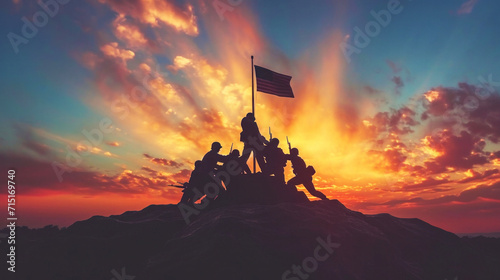 Silhouettes of soldiers raising a flag on a hill, against a dramatic sunset, evoke the iconic Iwo Jima scene representing sacrifice and victory.