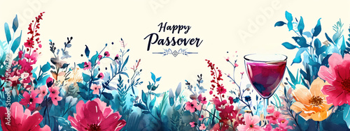 The spirit of Passover is captured with bright flowers and a glass of wine, conveying the traditional celebration of the Jewish festival of freedom.