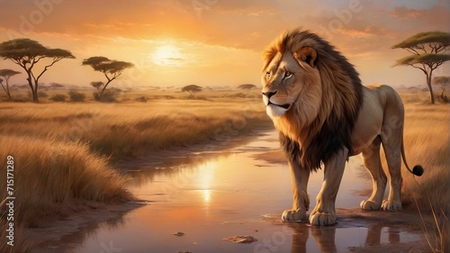 Lion in the savannah at dusk
