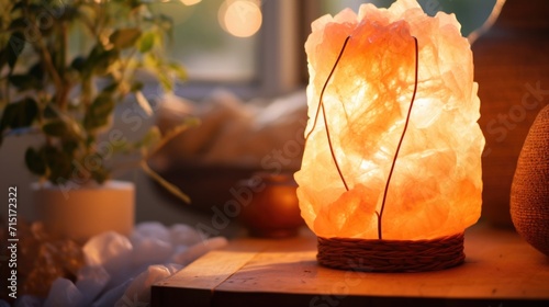 A stunning closeup shot of a Himalayan salt lamp showcasing the natural fibers intertwined within the salt crystal, offering a visually unique and organic aesthetic.