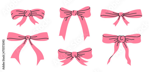Pink silk bows. Hand drawn bows for gift box, Birthday gifts pink ribbon decorations flat vector illustration set. Holidays bow decor