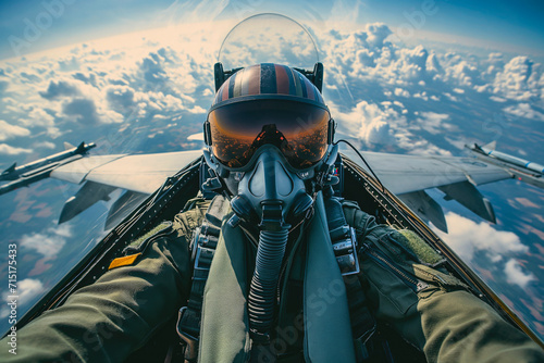 Portrait of a fighter pilot in an aircraft cockpit in the sky during aviator military mission