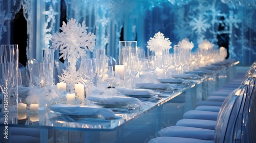 A winter wonderland dinner setup with ice sculptures and snowflakes.