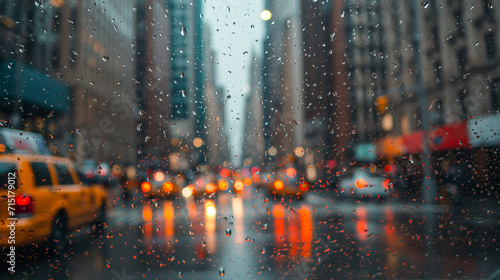 City view through window glass with rain drops , traffic lights genarative ai