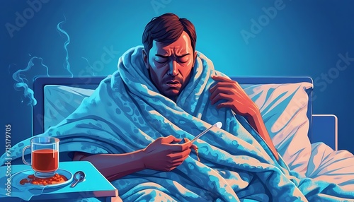 illustration of a sick person in a fever on a bed and coughing Vector Design Illustration for blue background clean design space for copy created with generative ai 