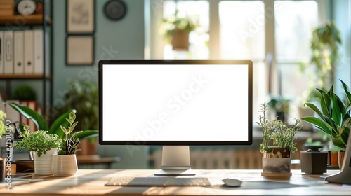 Mockup up computer monitor on desk in contemporary minimalist home office at sunrise, AI-generative