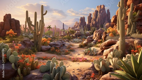 Explore the wonders of a simulated desert ecosystem exhibit, with a stunning 3D rendering of cacti, sand dunes, and the unique flora and fauna of arid regions.