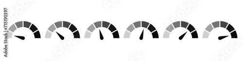 Speedometer icon, tachometer icon. Speed indicator icon set. Rating meter signs performance concept. Dashboard level scale icon. vector illustration