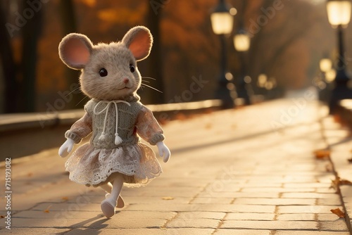 plush and knitted mouse on park in a lace dress on a run