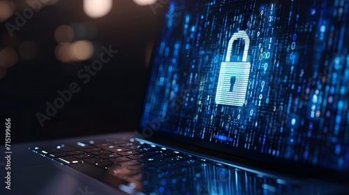 Laptop cyber security concept. Locked shield icon on laptop screen. Secure personal information and data privacy. blue padlock on laptop screen with dark background. Hacking and login attempt.