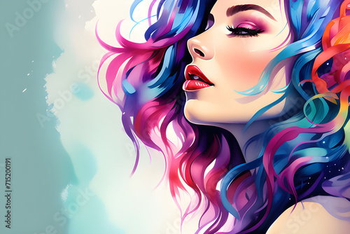 Gorgeous Feast of Shining Fashion: A Profile Illustration of a Watercolor Fashion Girl with Beautiful Color Rainbow Hair generative ai