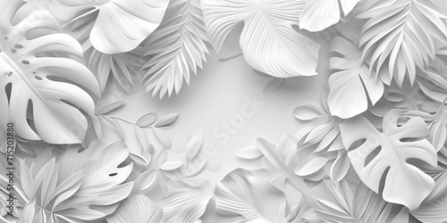 Collection of tropical leaves, foliage plant in white color with space background. Abstract leaf decoration design. Exotic nature art, Generative Ai