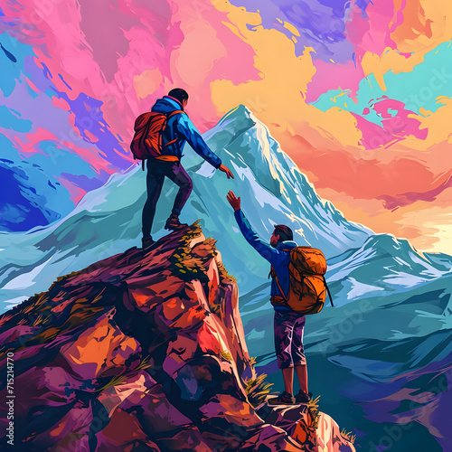 Generative AI illustration of a hiker lending a helping hand to their friend, as they conquer the mountain top together.
