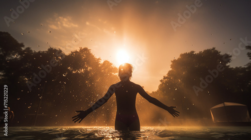 a silhouette bokeh photo of a swim instructor with beautiful sunset background