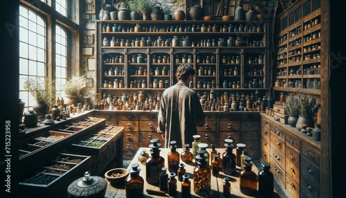 Exploring a holistic medicine storage with diverse herbs, mixers, and vials in a home setting