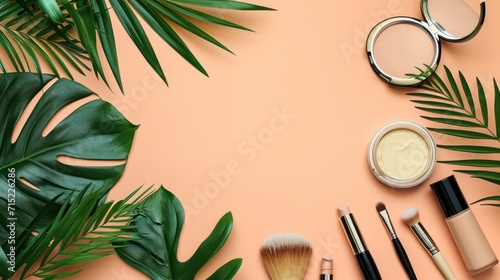Top view background of a variety of makeup brushes with copy space