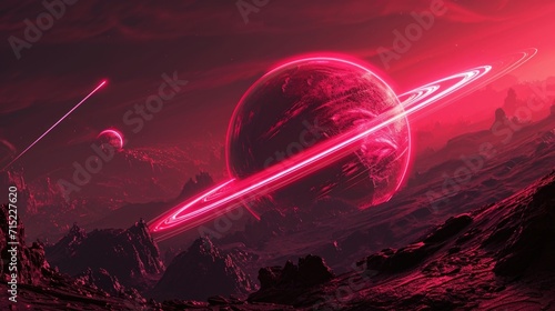 A neon red planet with glowing rings orbiting around it