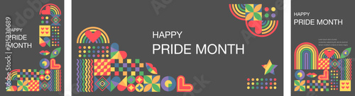 A set of templates with rainbow colors of pride month. LGBT Pride Month. Love, freedom, support, peace.Abstract geometric background. Vector illustration