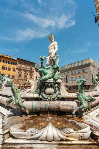 Historical landmark Neptune Sculpture - Fontana del Nettuno - Neptun fontain - near Palazzo Vecchio, Florence, Tuscany, Italy