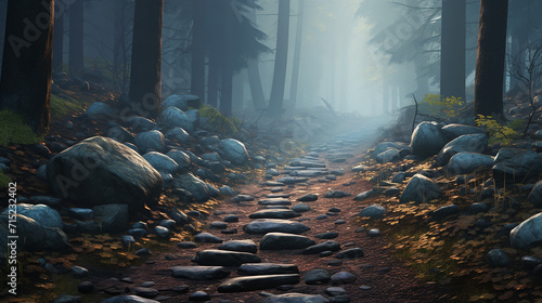 A pebble strewn path leading through misty forest, cool color palette sense mystery. 3D rendering