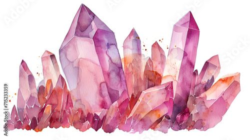 A mystical rose quartz crystals, Watercolor isolated on white background, Watercolor Clipart painting, high quality, HD, children's book illustrations, white background