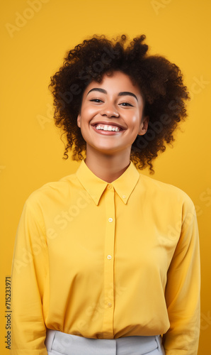 Photo of pretty adorable wavy lady wear yellow shirt smiling showing white teeth