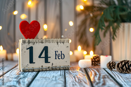 Calendar on table with word "14 Feb" Love valentine background.