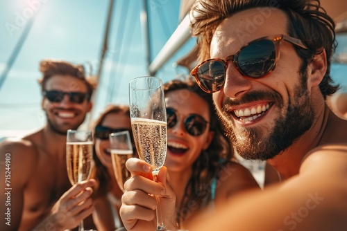 A varied group of pals are celebrating on a yacht while sipping champagne, space, Generative AI.