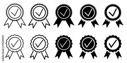 icon set of approved or certified medals. quality symbols, line vectors and silhouettes isolated on white background. design for applications, web, certificates, brochures, posters.