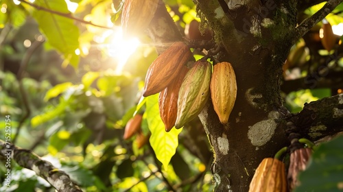 Close shot of several cocoa fruits hanging on cocoa tree with sunshine in a cocoa field with copy space, Generative AI.