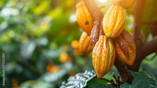 Close shot of several cocoa fruits hanging on cocoa tree with sunshine in a cocoa field with copy space, Generative AI.