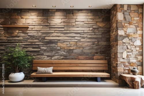rustic interior home design of entrance hall with tree trunk wooden bench and stone cladding wall