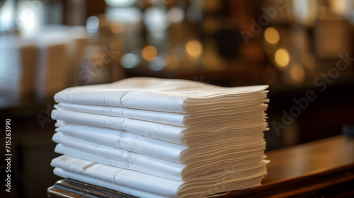 Stack of white folded napkins on a table.
