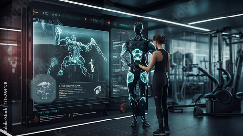 A robotic fitness coach in a gym demonstrating exercise