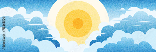 Vector drawing of sky, sun in the clouds, noise pattern, pointillism, cartoon illustration, natural background
