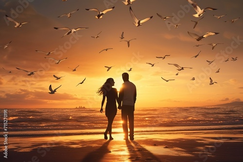 silhouette of a couple standing on the beach and chatting happily against the sunset, rear view, around a seagull. The concept of falling in love and Valentine's Day