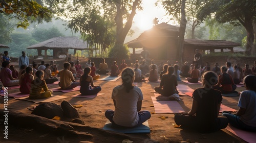 A group of young people meditating and performing yoga in nature at an ashram in India