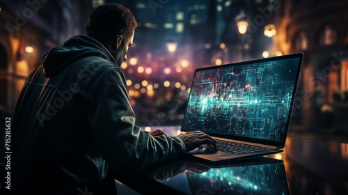 An over-the-shoulder view of a person in a hooded jacket typing on a laptop displays a complex cybersecurity interface, suggesting hacking or digital security work. 
