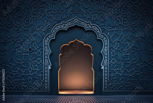 an Islamic doorway with intricate patterns and details in a dark sky-blue and beige color