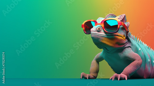 closeup of a colorful chameleon lizard, chameleon wearing sunglasses on a solid color background, vector art, digital art, faceted, minimal, abstract, Wild chameleon in jungle, Generative Ai