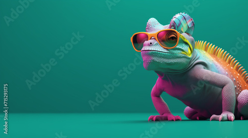 closeup of a colorful chameleon lizard, chameleon wearing sunglasses on a solid color background, vector art, digital art, faceted, minimal, abstract, Wild chameleon in jungle, Generative Ai