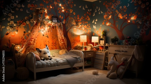 Baby room interior with colorful bed and walls decor and play room